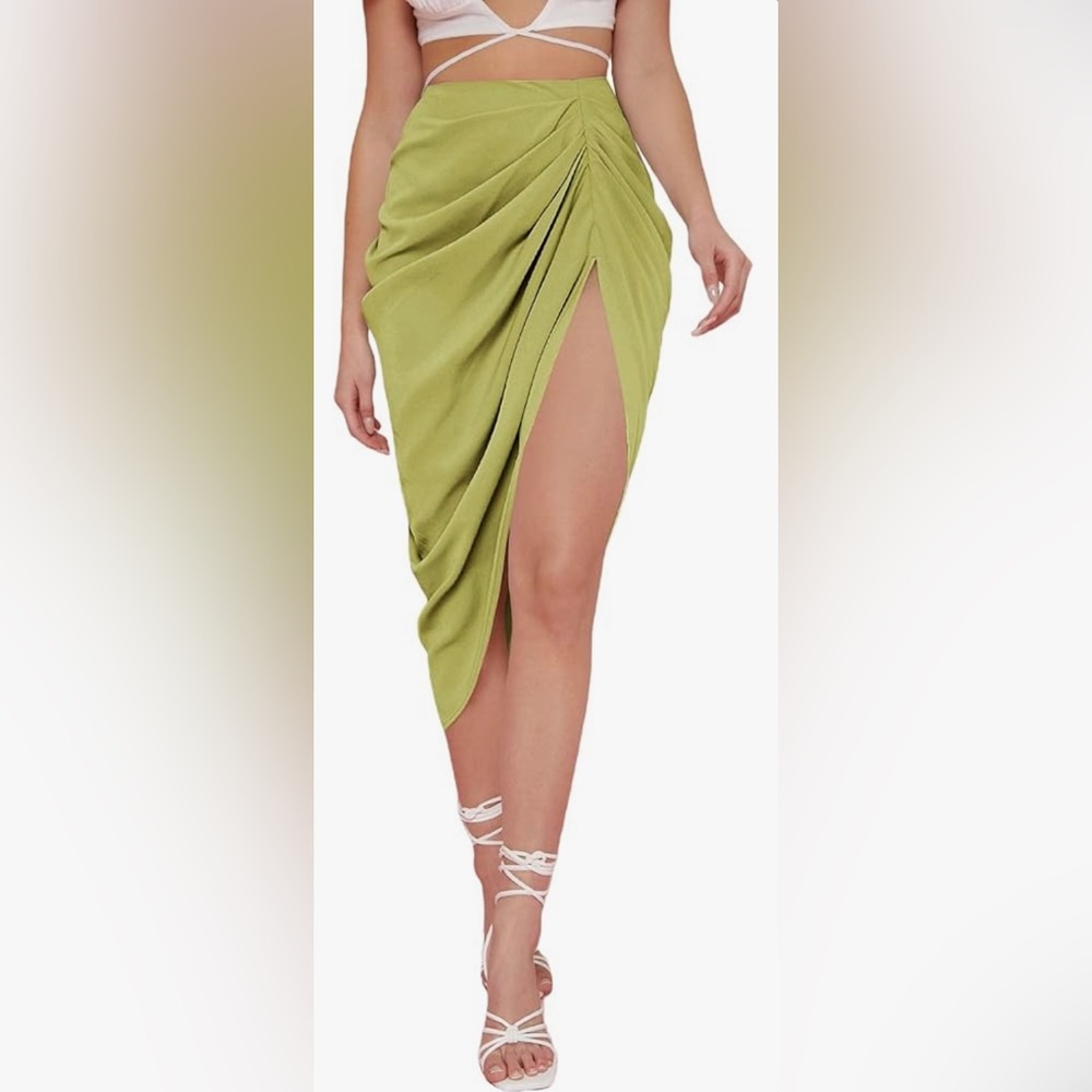 Wdirara High-waist Draped Midi Skirt with Front Split | Lime Green | Size Small